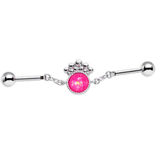 Load image into Gallery viewer, 14G Pink Faux Opal Crest Chain Dangle Industrial Barbell 38mm
