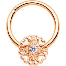 Load image into Gallery viewer, 16G 3/8 Clear CZ Gem Rose Gold Tone Hearts Hinged Segment Ring
