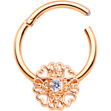 Load image into Gallery viewer, 16G 3/8 Clear CZ Gem Rose Gold Tone Hearts Hinged Segment Ring
