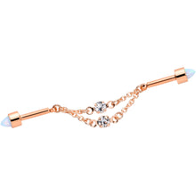 Load image into Gallery viewer, 14G White Synth Opal Rose Gold Tone Dangle Double Industrial 38mm
