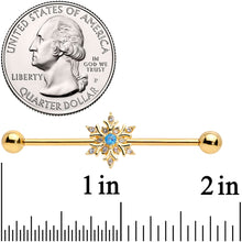 Load image into Gallery viewer, 14G Blue CZ Gem Gold Tone Snowflake Industrial Barbell 38mm
