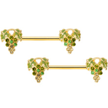 Load image into Gallery viewer, 14G 9/16 Green Gem Gold Tone Bunch Grapes Barbell Nipple Ring Set
