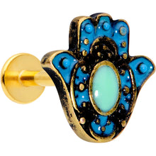 Load image into Gallery viewer, 16G 5/16 Gold Tone Aqua Ornate Hamsa Hand Labret Monroe Tragus

