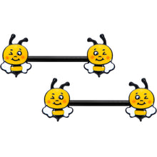 Load image into Gallery viewer, 14G 9/16 Black Yellow Winking Bee Barbell Nipple Ring Set
