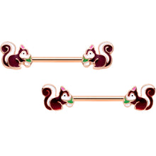 Load image into Gallery viewer, 14G 9/16 Rose Gold Tone Snacking Squirrel Barbell Nipple Ring Set

