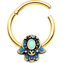 Load image into Gallery viewer, 16G 3/8 Gold Tone Aqua Ornate Hamsa Hand Septum Ring
