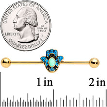 Load image into Gallery viewer, 14G Gold Tone Aqua Ornate Hamsa Hand Industrial Barbell 38mm
