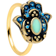 Load image into Gallery viewer, 20G 5/16 Gold Tone Aqua Ornate Hamsa Hand Nose Hoop
