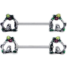 Load image into Gallery viewer, 14G 9/16 Purple Yellow Flower Swing Bird Barbell Nipple Ring Set

