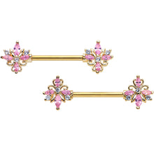 Load image into Gallery viewer, 14G 9/16 Pink CZ Gem Gold Tone Pretty Barbell Nipple Ring Set
