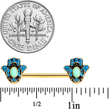 Load image into Gallery viewer, 14G 9/16 Gold Tone Aqua Ornate Hamsa Hand Barbell Nipple Ring Set
