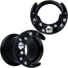 Load image into Gallery viewer, Clear Gem Black Crescent Moon Double Flare Tunnel Plug Set
