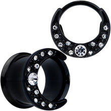 Load image into Gallery viewer, Clear Gem Black Crescent Moon Double Flare Tunnel Plug Set
