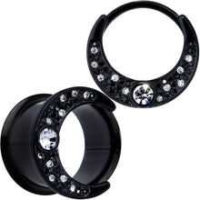 Load image into Gallery viewer, Clear Gem Black Crescent Moon Double Flare Tunnel Plug Set
