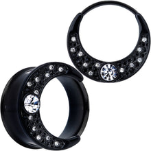 Load image into Gallery viewer, Clear Gem Black Crescent Moon Double Flare Tunnel Plug Set
