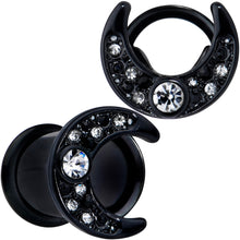 Load image into Gallery viewer, Clear Gem Black Crescent Moon Double Flare Tunnel Plug Set
