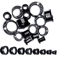 Load image into Gallery viewer, Clear Gem Black Crescent Moon Double Flare Tunnel Plug Set
