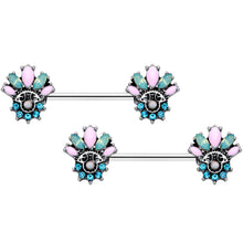Load image into Gallery viewer, 14G 9/16 Blue Green Pink Gem Fan Barbell Nipple Ring Set
