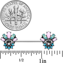 Load image into Gallery viewer, 14G 9/16 Blue Green Pink Gem Fan Barbell Nipple Ring Set
