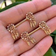 Load image into Gallery viewer, 14G 5/8 Aurora CZ Gem Gold Tone Dreamcatcher Barbell Nipple Ring Set
