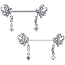 Load image into Gallery viewer, 14G 9/16 Clear Gem Looping Bow Dangle Barbell Nipple Ring Set
