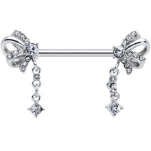 Load image into Gallery viewer, 14G 9/16 Clear Gem Looping Bow Dangle Barbell Nipple Ring Set
