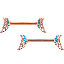Load image into Gallery viewer, 14G 9/16 Rose Gold Tone Blue Butterfly Wing Nipple Ring Set
