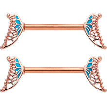 Load image into Gallery viewer, 14G 9/16 Rose Gold Tone Blue Butterfly Wing Nipple Ring Set
