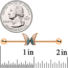 Load image into Gallery viewer, 14G Rose Gold Tone Bit of Blue Butterfly Industrial Barbell 38mm
