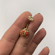 Load image into Gallery viewer, Red Clear Gem Gold Tone Ladybug Flower Belly Ring
