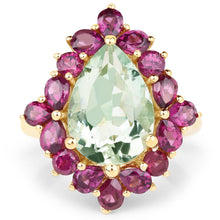 Load image into Gallery viewer, 14K Yellow Gold Plated 7.21 Carat Genuine Green Amethyst and Rhodolite .925 Sterling Silver Ring
