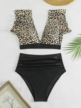 Load image into Gallery viewer, Bikini Black Solid Color Ruffle V Neck 2 Piece Swimsuit for Women – High Waisted Flattering Bikini Set with Lettuce Trim Bottoms – Sleek Stretchy Fabric Swimwear for Beach Days Poolside Style and Summer Vacation Looks
