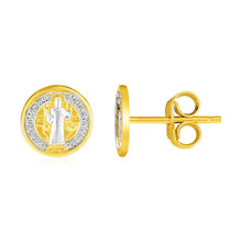 Load image into Gallery viewer, 14k Two Tone Gold Round Religious Medal Post Earrings
