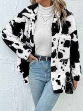 Load image into Gallery viewer, Trendy Black White Cozy Cow Print Collared Neck Button Up Fuzzy Jacket Modern &amp; Warm Outerwear
