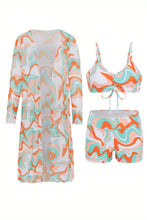 Load image into Gallery viewer, Luxe Lines 3-Piece Geometric Bikini Set for Women – High Rise Drawstring Bikini with Boxer Shorts &amp; Long Sleeve Sheer Kimono Cover-Up – Bold &amp; Breezy Women’s Swimwear for Summer Beach Pool &amp; Getaways
