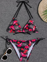 Load image into Gallery viewer, Sunset Bloom 2-Piece Triangle Bikini Set for Women – Vibrant Random Floral Print Halter Neck Swimsuit with Tie-Back Tie-Side Bottoms &amp; High Cut Legs – Women's High-Stretch Swimwear for Summer Beach Escapes
