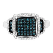 Load image into Gallery viewer, Black Rhodium Plated .925 Sterling Silver 1/2 Cttw White &amp; Blue Diamond Square Halo Cocktail Ring (Fancy Blue &amp; H-I Color, I2-I3 Clarity) - SIze 6
