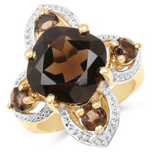 Load image into Gallery viewer, 14K Yellow Gold Plated 5.92 Carat Genuine Smoky Quartz .925 Sterling Silver Ring
