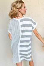 Load image into Gallery viewer, Gray Full Size Striped Round Neck Short Sleeve Mini Tee Dress Casual &amp; Everyday Wear
