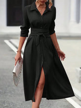 Load image into Gallery viewer, Elegant Black Collared Neck Long Sleeve Midi Shirt Dress Tied and Buttoned Women’s Dress
