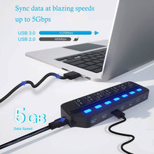 Load image into Gallery viewer, 7 Port USB Data Hub 3.0 with Individual On/Off Switches and Lights
