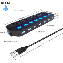 Load image into Gallery viewer, 7 Port USB Data Hub 3.0 with Individual On/Off Switches and Lights

