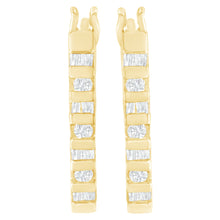 Load image into Gallery viewer, 10K Yellow Gold Round and Baguette Cut Diamond Oblong Hinged Leverback Hoop Earrings (Â¼ Cttw, I-J Color, I2-I3 Clarity)
