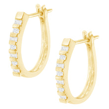 Load image into Gallery viewer, 10K Yellow Gold Round and Baguette Cut Diamond Oblong Hinged Leverback Hoop Earrings (Â¼ Cttw, I-J Color, I2-I3 Clarity)
