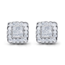 Load image into Gallery viewer, 14K White Gold 1.0 Cttw Round Brilliant &amp; Princess Cut Diamond Scallop-Edge Framed Square Halo Stud Earrings (G-H Color, SI1-SI2 Clarity)
