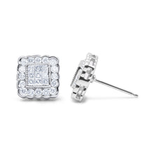 Load image into Gallery viewer, 14K White Gold 1.0 Cttw Round Brilliant &amp; Princess Cut Diamond Scallop-Edge Framed Square Halo Stud Earrings (G-H Color, SI1-SI2 Clarity)
