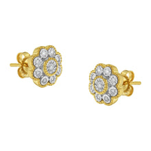 Load image into Gallery viewer, 14K Yellow Gold Plated .925 Sterling Silver 1/6 Cttw Miracle-Plate Set Diamond Floral Stud Earrings (I-J Color, I2-I3 Clarity)
