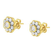 Load image into Gallery viewer, 14K Yellow Gold Plated .925 Sterling Silver 1/6 Cttw Miracle-Plate Set Diamond Floral Stud Earrings (I-J Color, I2-I3 Clarity)
