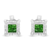 Load image into Gallery viewer, Sterling Silver Color Treated Princess Diamond Quad Stud Earring (1/2 cttw, Green Color, I1-I2 Clarity)
