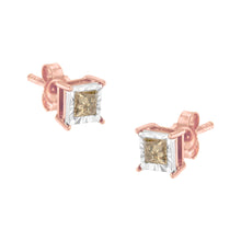 Load image into Gallery viewer, 14K Rose Gold Plated Two-Tone .925 Sterling Silver 1/2 Cttw Princess-Cut Square Diamond Solitaire Miracle-Plate Stud Earrings (K-L Color, I2-I3 Clarity)
